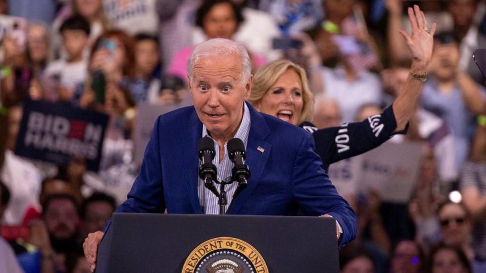 President Joe Biden and First Lady Jill Biden acknowledge supporters as they leave the stage during a campaign event at the Jim Graham building at the North Carolina State Fairgrounds in Raleigh on Friday June 28, 2024. Biden debated former President Trump in Atlanta Georgia the previous night.