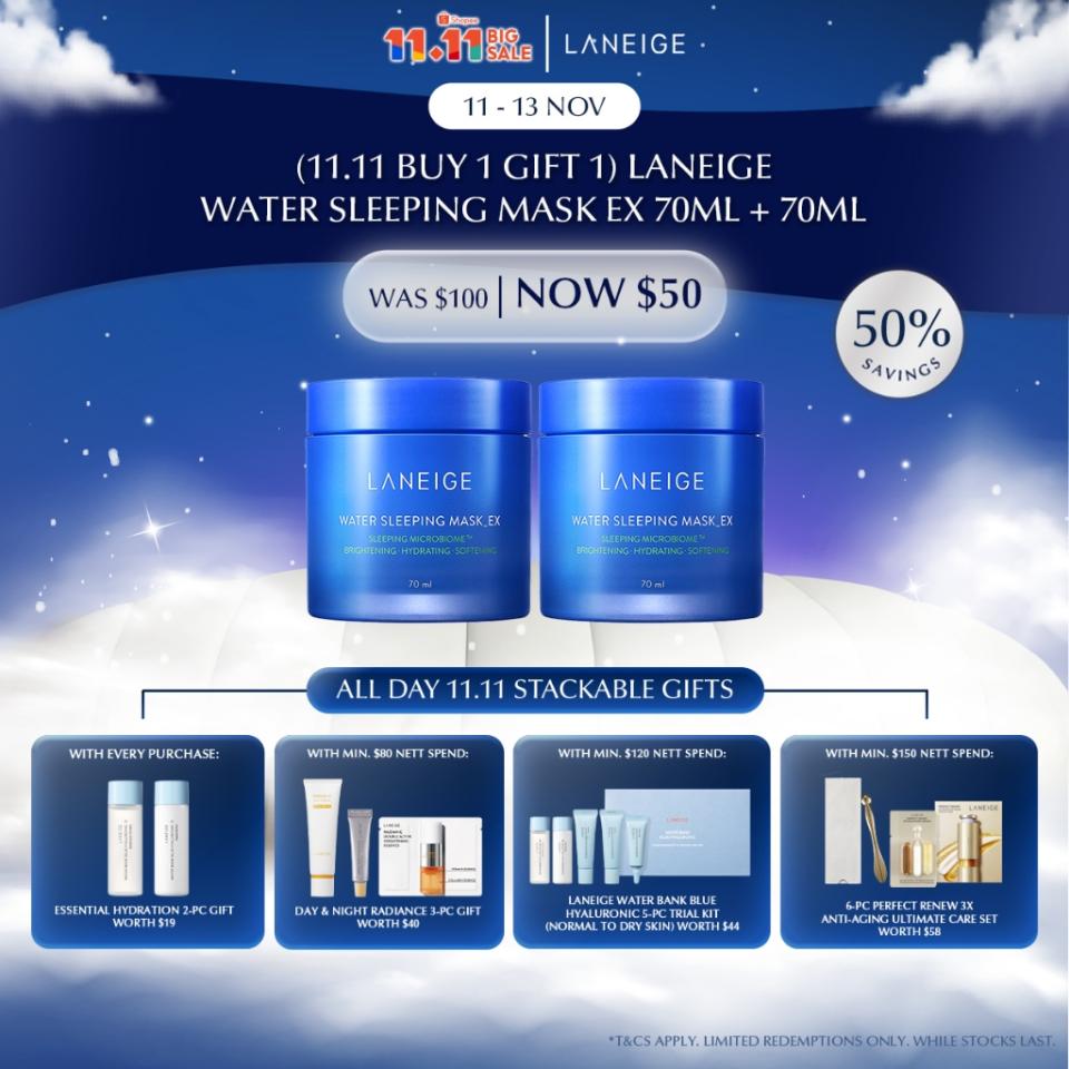 (11.11 Buy 1 Gift 1) LANEIGE Water Sleeping Mask EX 70ml + 70ml. (Photo: Shopee SG)