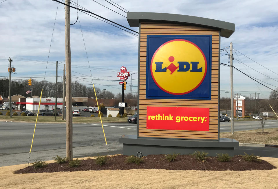 A Lidl supermarket sign is seen in Thomasville, North Carolina, U.S. December 27, 2017.  REUTERS/Anna Driver