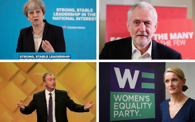 Theresa May, Jeremy Corbyn, Tim Farron, Sophie Walker - Getty