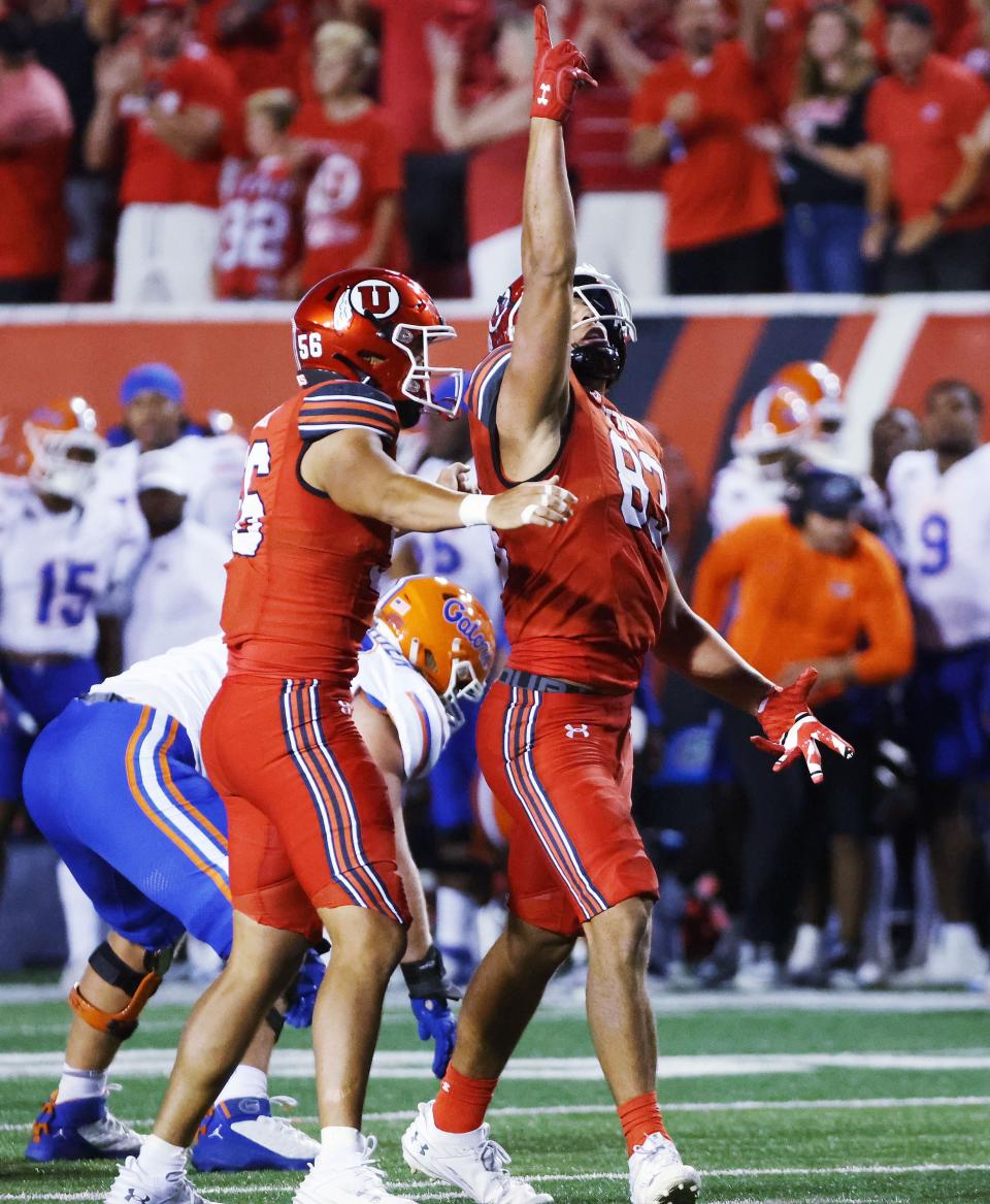 Utah Utes defensive end Jonah Elliss (83) celebrates a sack against the Florida Gators in Salt Lake City on Thursday, Aug. 31, 2023 during the season opener. Utah won 24-11. | Jeffrey D. Allred, Deseret News