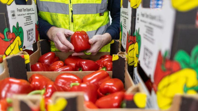 An employee checks boxes of red peppers imported from Spain at the D & F McCarthy Ltd. 