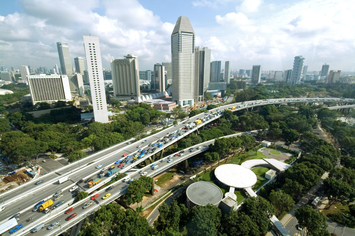 Traffic jam at highway in Singapore. Seen from Singapore Flyer, world's tallest observation wheel (165m).