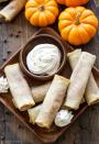 <p>Don't forget to dip these gooey, messy, delicious pumpkin egg rolls in homemade whipped cream. </p><p><strong>Get the recipe at <a href="https://reciperunner.com/pumpkin-chocolate-chip-cheesecake-egg-rolls/" rel="nofollow noopener" target="_blank" data-ylk="slk:Recipe Runner;elm:context_link;itc:0;sec:content-canvas" class="link ">Recipe Runner</a>.</strong> </p>