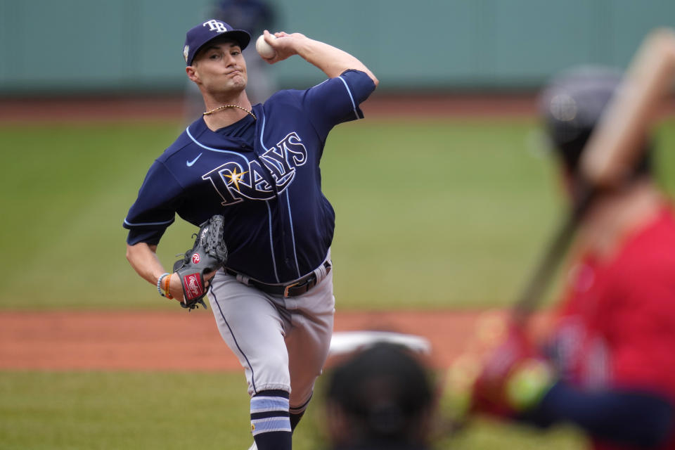Tampa Bay Rays starting pitcher Shane McClanahan delivers during the first inning of a baseball game against the Boston Red Sox at Fenway Park, Monday, June 5, 2023, in Boston. (AP Photo/Charles Krupa)