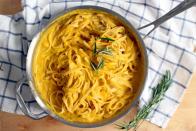 <p>It has way less calories than a traditional alfredo.</p><p>Get the recipe from <a rel="nofollow noopener" href="http://www.bowlofdelicious.com/2014/11/16/butternut-squash-browned-butter-and-rosemary-fettucini-alfredo/" target="_blank" data-ylk="slk:Bowl of Delicious;elm:context_link;itc:0;sec:content-canvas" class="link ">Bowl of Delicious</a>.</p>