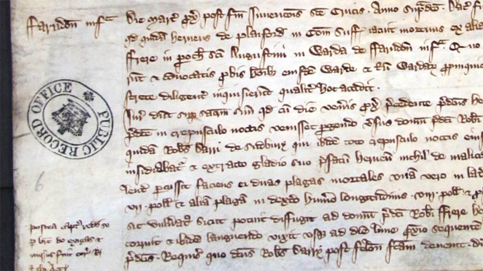 An example of the coroners' rolls, this one recounting the 'Death of Hervey de Playford.” It comes from a roll from London documenting 1315 and 1316. CREDIT: University of Cambridge/Violence Research Centre 