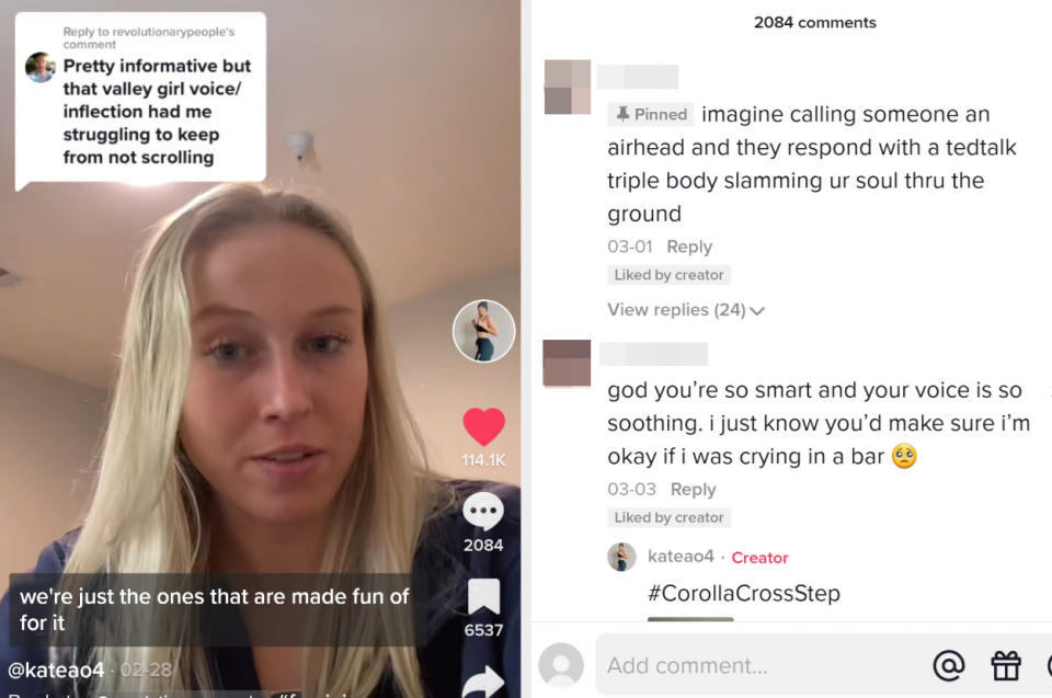 screenshot of Kate's TikTok response next to a screenshot of comments she received, such as, "Imagine calling someone an airhead and they response with a TedTalk triple body slamming your soul through the ground"