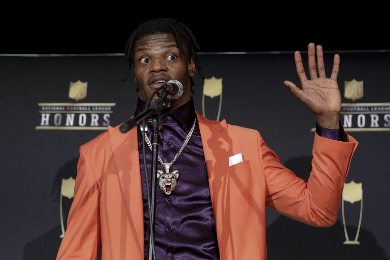 Baltimore Ravens' Lamar Jackson spoke about Antonio Brown and Donald Trump. (AP Photo/Patrick Semansky)