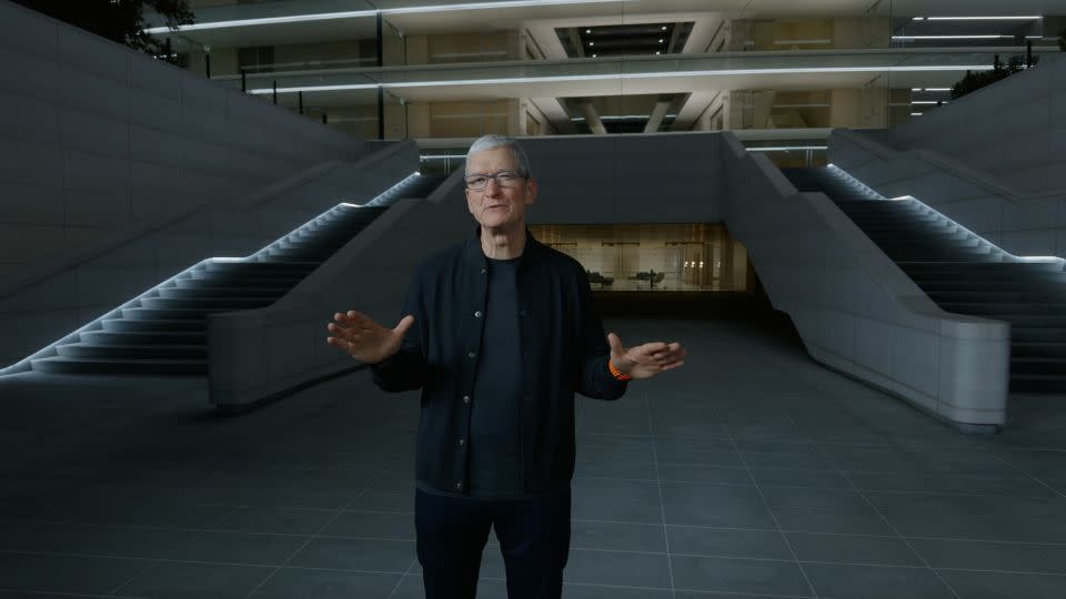 Tim Cook presents during an Apple livestream on October 30, 2023. - Apple