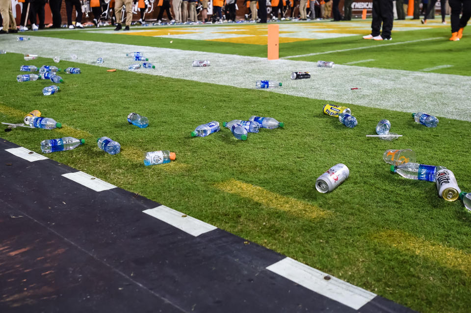 Debris is seen on the field after fans threw objects onto the field during a game between Tennessee and Mississippi at Neyland Stadium. (Bryan Lynn-USA TODAY Sports)