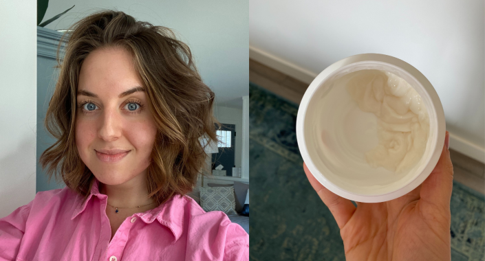 A selfie ft. an almost-empty tub of the L&#39;Oreal Extraordinary Oil hair mask, girl with brown curly hair in pink shirt and l&#39;oreal hair mask 