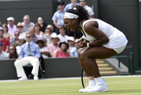 Serena Williams of U.S.A. reacts during her match against Margarita Gasparyan of Russia at the Wimbledon Tennis Championships in London, June 29, 2015. REUTERS/Toby Melville