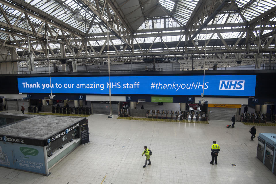 A near empty concourse at Waterloo station with a message of support for the NHS during what would normally be the evening rush hour, as the UK continues in lockdown to help curb the spread of the coronavirus.