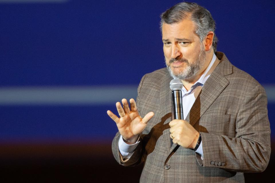 U.S. Sen. Ted Cruz, of Texas, speaks Tuesday, Nov. 1, 2022, at a rally in support of Oklahoma Gov. Kevin Stitt's reelection at Crossroads Church in Oklahoma City.