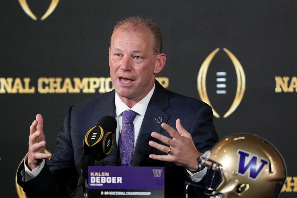 Washington head coach Kalen DeBoer speaks during a news conference ahead of the national championship NCAA College Football Playoff game between Washington and Michigan Sunday, Jan. 7, 2024, in Houston. The game will be played Monday. (AP Photo/David J. Phillip)