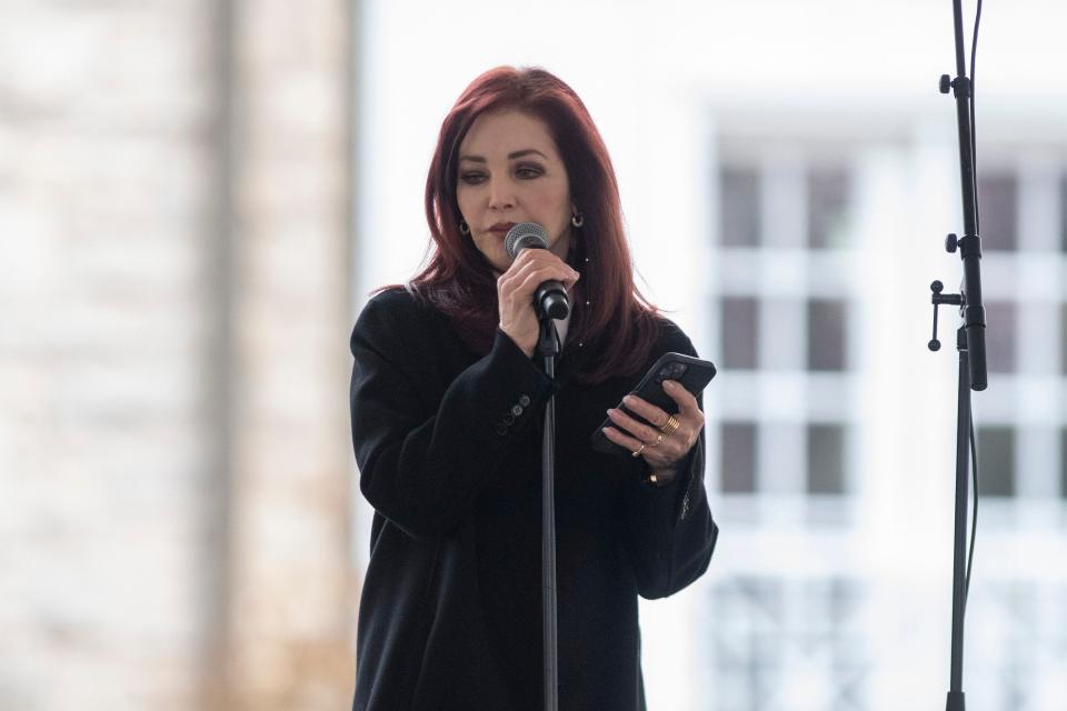 Priscilla Presley speaks during the celebration of life for Lisa Marie Presley at Graceland in Memphis, Tenn., on Sunday, January 22, 2023. 