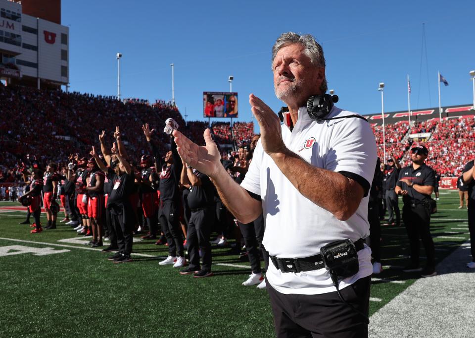 Utah Utes head coach Kyle Whittingham watches video to honor Aaron Lowe and Ty Jordan in Salt Lake City on Saturday, Oct. 14, 2023. Utah won 34-14. | Jeffrey D. Allred, Deseret News