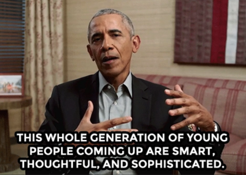 Barack Obama talking with the words "This whole generation of young people coming up are smart, thoughtful, and sophisticated"