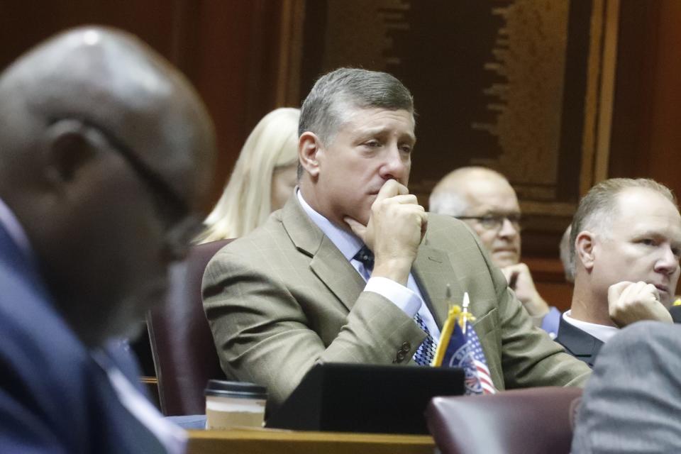 Rep. Ben Smaltz, R-Auburn, listens to speakers during a vote by the Indiana House representatives on the redistricting maps on Thursday, Sept. 23, 2021, at the Indiana Statehouse in Indianapolis.