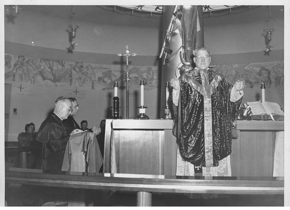 <span class="caption">Dedication of Our Lady of the Airways Chapel, in its first location at Logan airport, in Boston.</span> <span class="attribution"><span class="source">Archive, Archdiocese of Boston</span>, <a class="link " href="http://creativecommons.org/licenses/by-nd/4.0/" rel="nofollow noopener" target="_blank" data-ylk="slk:CC BY-ND;elm:context_link;itc:0;sec:content-canvas">CC BY-ND</a></span>