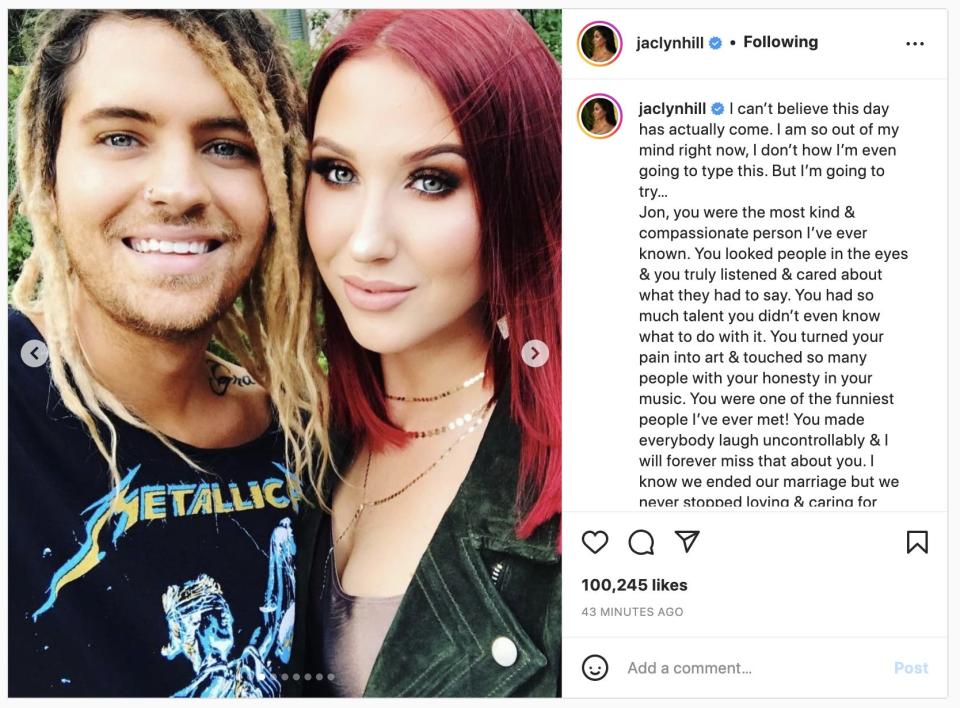 A screenshot of Jaclyn Hill's Instagram post following her former husband's death.