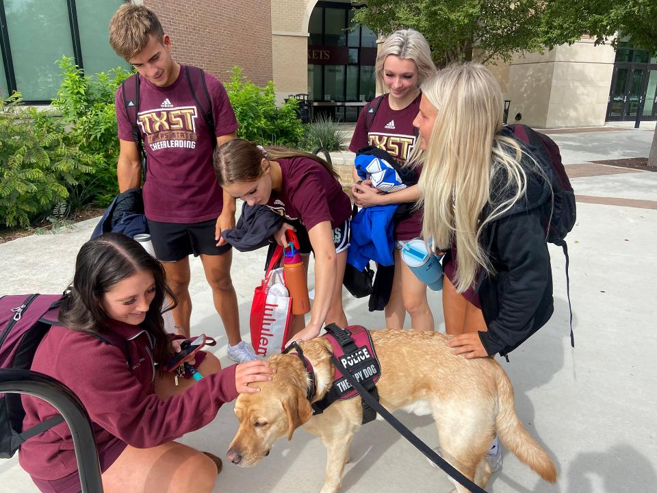 Texas State cheerleaders Brooke Ashley, Jake Mobley, Kylie Pizzurro, Baleigh Moi and Breanna Shafer enjoy a few soothing moments with Brady.