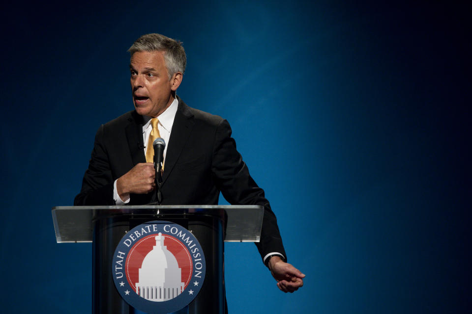 In this Monday, June 1, 2020, photo, former Gov. Jon Huntsman, Jr., speaks during the Utah Gubernatorial Republican Primary Debate in Salt Lake City. Huntsman Jr. has one of the most recognizable names in the state as a former popular governor and son of a billionaire philanthropist. He stepped down as U.S. ambassador to Russia under Donald Trump to return to Utah and make a run and reclaiming his seat. (Ivy Ceballo/Deseret News, via AP, Pool)
