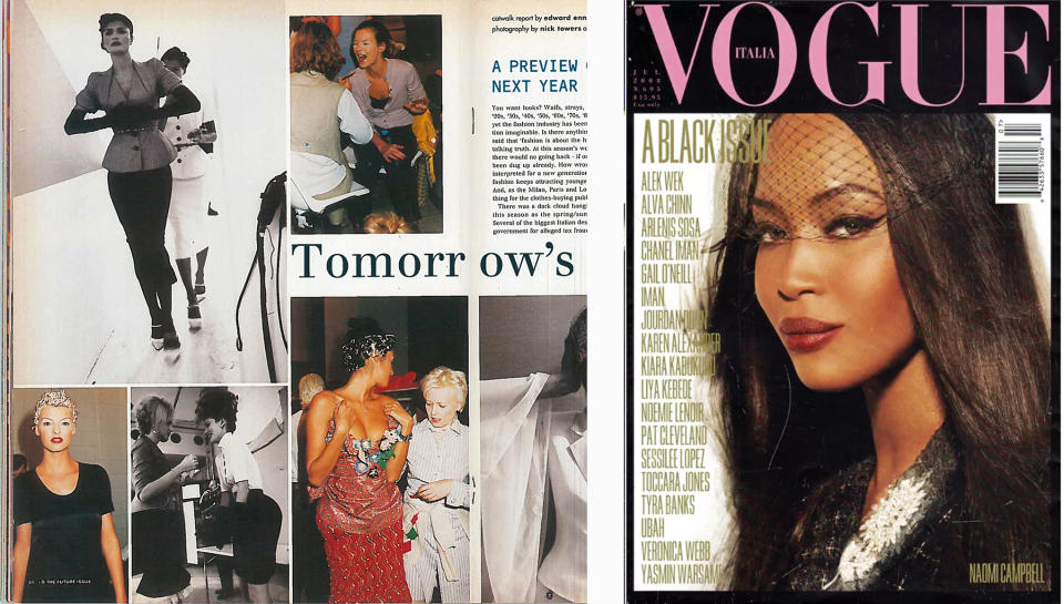 From left: a Fashion Week report by Enninful in I-D’s January 1995 issue; Naomi Campbell on Vogue Italia in July 2008.<span class="copyright">I-D: Nick Towers; Vogue Italia: Steven Meisel</span>