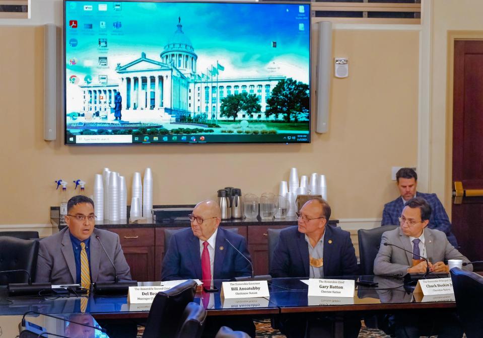 Tribal leaders, from left, Muscogee (Creek) Nation Second Chief Del Beaver; Chickasaw Gov. Bill Anoatubby; Choctaw Chief Gary Batton; and Cherokee Principal Chief Chuck Hoskin Jr. address a committee Tuesday as House lawmakers began a two-day study on state-tribal compacts at the Oklahoma Capitol.