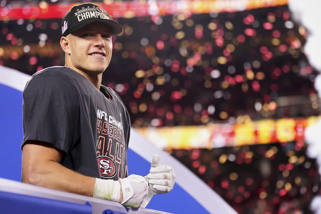 <p>Cooper Neill/Getty Images</p> Christian McCaffrey #23 of the San Francisco 49ers celebrates after defeating the Detroit Lions during the NFC Championship football game at Levi's Stadium on January 28, 2024 in Santa Clara, California.