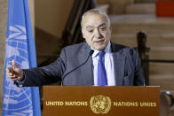 Ghassan Salame, Special Representative of the United Nations Secretary-General and Head of the United Nations Support Mission in Libya, talks at the European headquarters of the United Nations in Geneva, Switzerland, Tuesday, Feb. 18, 2020. The United Nations says Libya’s warring sides have resumed talks in Geneva aimed at salvaging a fragile cease-fire in the North African country. The current cease-fire was brokered by Russia and Turkey on Jan. 12, but there have been repeated violations by all sides. (Salvatore Di Nolfi/Keystone via AP)