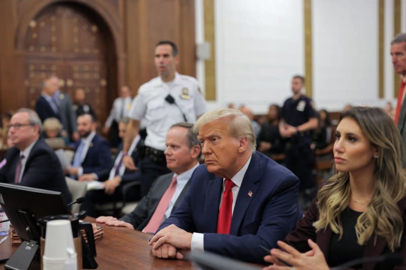 Former United States President Donald Trump pictured in a crowded courtroom Tuesday in week three of his civil fraud trial at the State Supreme Court in New York City. Pool Photo by Andrew Kelly/UPI Pool Photo by Andrew Kelly/UPI