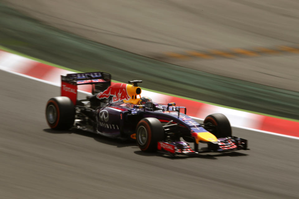 Red Bull driver Sebastian Vettel of Germany steers his car during the third free practice ahead of the Spain Formula One Grand Prix at the Barcelona Catalunya racetrack in Montmelo, near Barcelona, Spain, Saturday, May 10, 2014. (AP Photo/Emilio Morenatti)