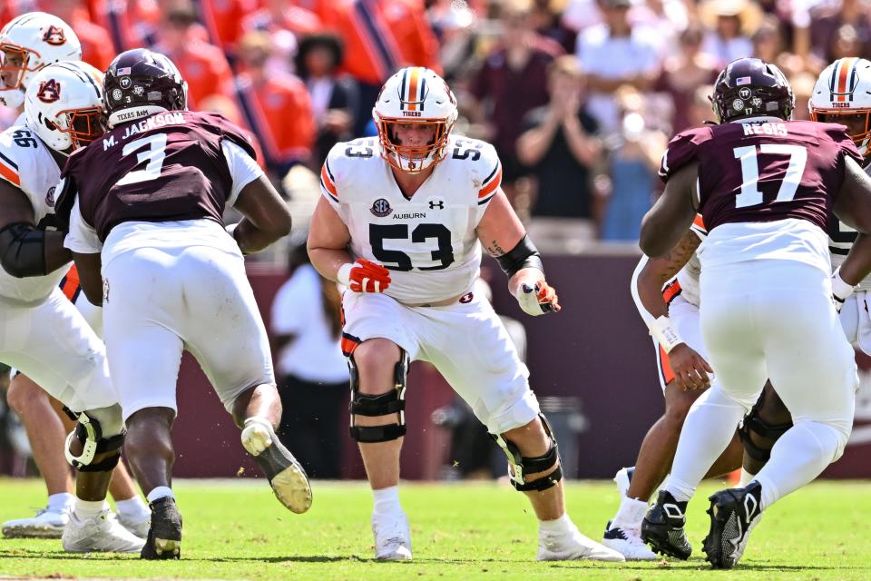 Auburn Tigers offensive lineman Gunner Britton (53) in action during the second quarter Sept. 23, 2023, against the Texas A&M Aggies at Kyle Field in College Station, Texas.