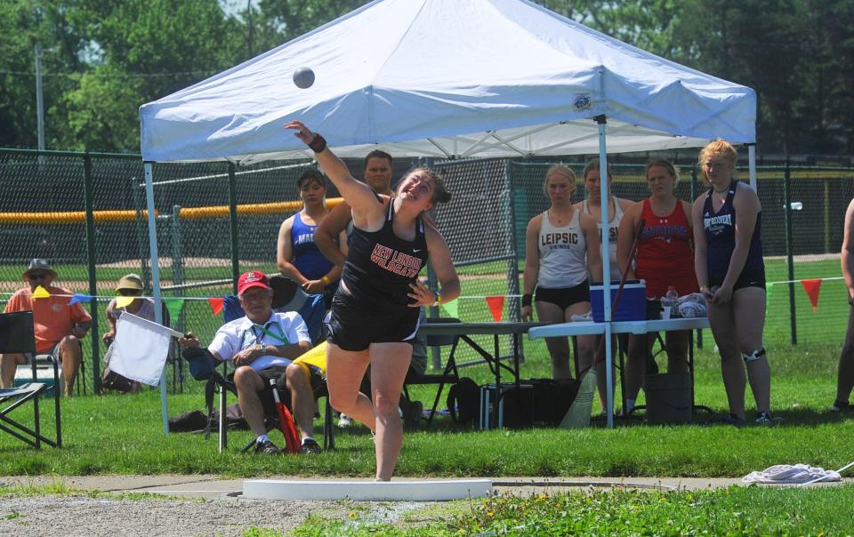 New London's Kaitlyn Gum hurls the shot put in the finals at last year's Division III state track and field championships.