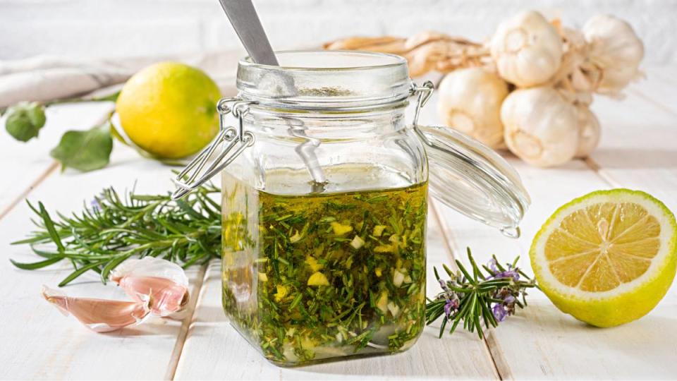 Uses for ice cubes: Fresh salad dressing with rosemary, garlic and lemon