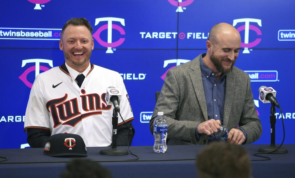 The Minnesota Twins new third baseman Josh Donaldson, left, and manager Rocco Baldelli, laugh during a baseball news conference Wednesday, Jan. 22, 2020, at Target Field in Minneapolis. (Brian Peterson/Star Tribune via AP)