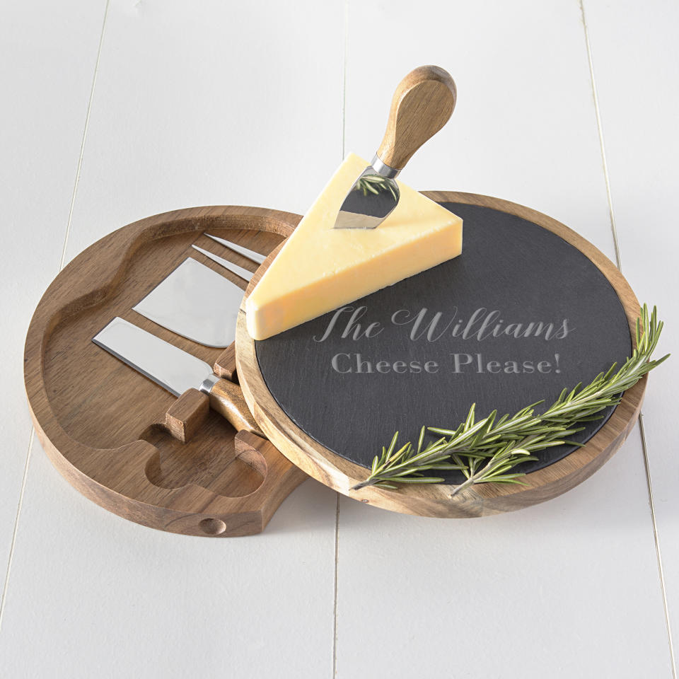 Cathy’s Concepts Personalized Slate and Acacia Cheese Board With Utensils. (Photo: Walmart)