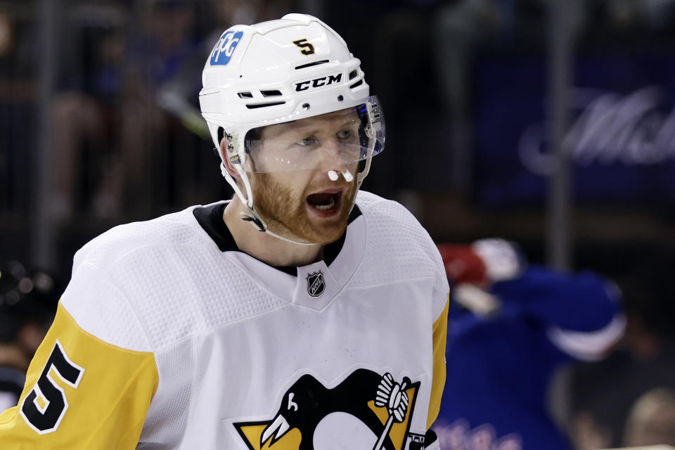 Pittsburgh Penguins defenseman Mike Matheson reacts after being called for a penalty during the second period in Game 7 of an NHL hockey Stanley Cup first-round playoff series against the New York Rangers, Sunday, May 15, 2022, in New York. (AP Photo/Adam Hunger)