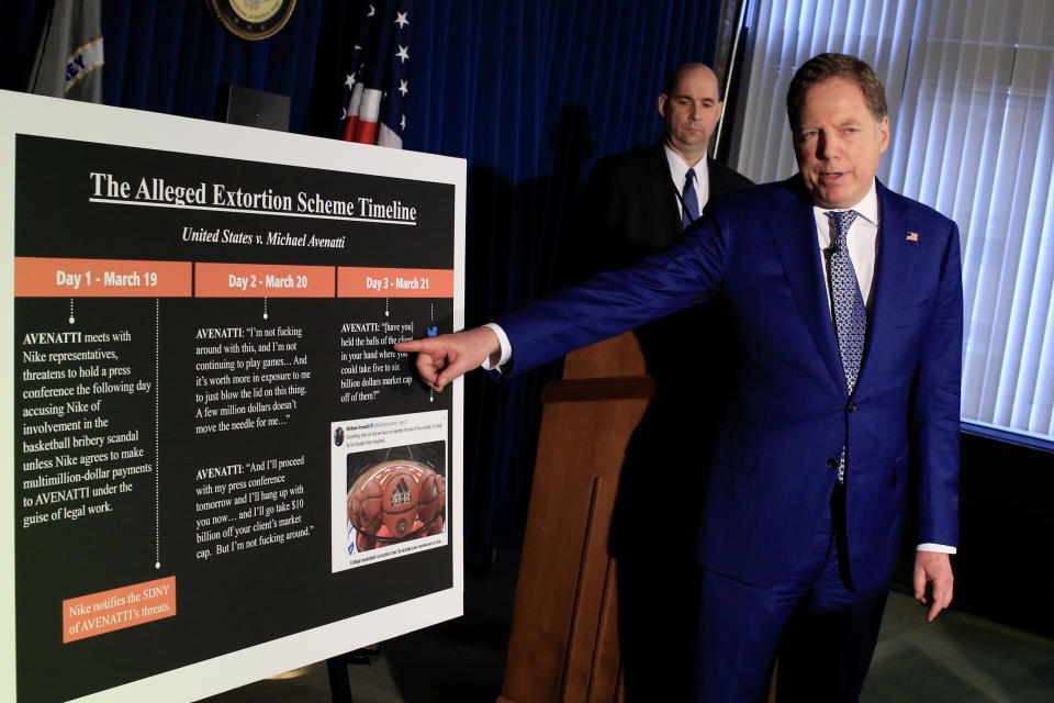 Geoffrey Berman, the U.S. Attorney for the Southern District of New York speaks during a news conference announcing charges against attorney Michael Avenatti, who represented adult film star Stormy Daniels in her legal battles against U.S. President Donald Trump, with extorting more than $20 million from Nike according to a criminal complaint filed by federal authorities in New York, U.S., March 25, 2019.  REUTERS/Eduardo Munoz