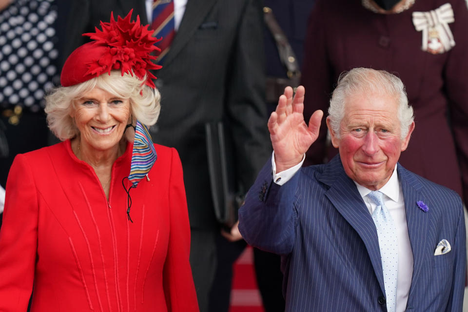 CARDIFF, WALES - OCTOBER 14:  Prince Charles, Prince of Wales and Camilla, Duchess of Cornwall leave after attending the opening ceremony of the sixth session of the Senedd at The Senedd on October 14, 2021 in Cardiff, Wales.  (Photo by  Jacob King-WPA Pool/Getty Images)