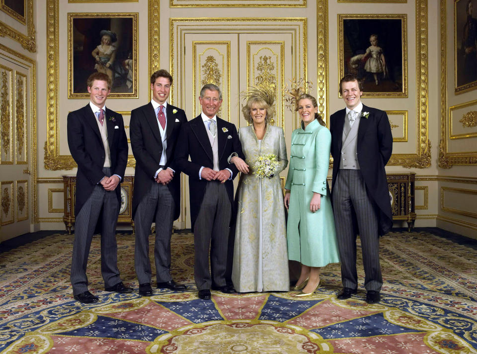 The Prince of Wales and his new bride Camilla, Duchess of Cornwall, with their children (L-R) Prince Harry, Prince William, Laura Parker Bowles and Tom Parker Bowles, in the White Drawing Room at Windsor Castle Saturday April 9 2005, after their wedding ceremony. (Photo by Anwar Hussein Collection/ROTA/WireImage)