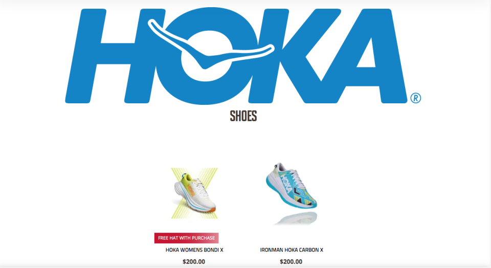 The Hoka page on the Ironman e-commerce site.