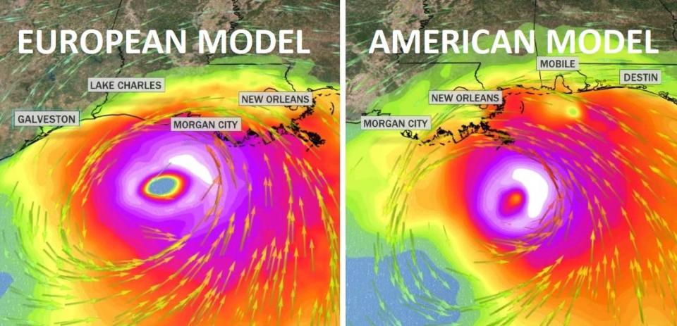 Both the European and American models show a landfalling hurricane near Louisiana late weekend and early next week. Pictured here are wind gusts. The white illustrates gusts over 100 mph. This is subject to large changes as conditions evolve. / Credit: CBS News