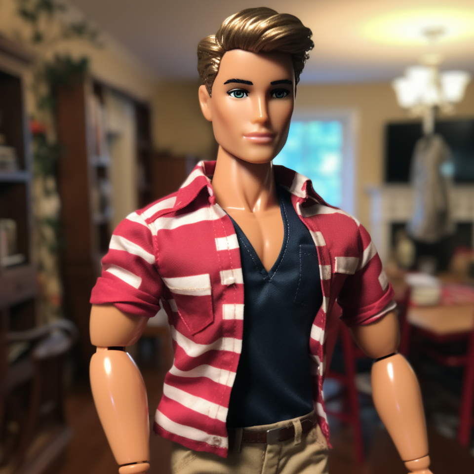 Blonde Ken wearing a striped shirt with rolled-up sleeves and a V-neck shirt