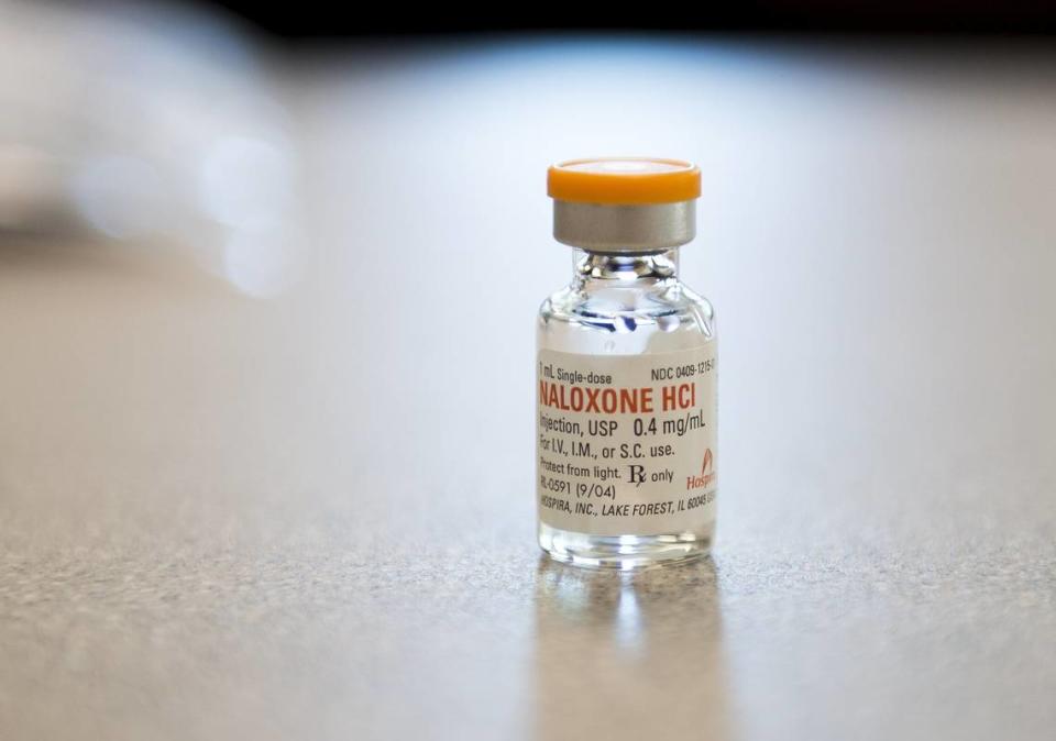 A bottle of naloxone, a drug used to reverse opioid overdoses, at the Whatcom County Health Department, which has been distributing it for free through the agency’s needle exchange program.