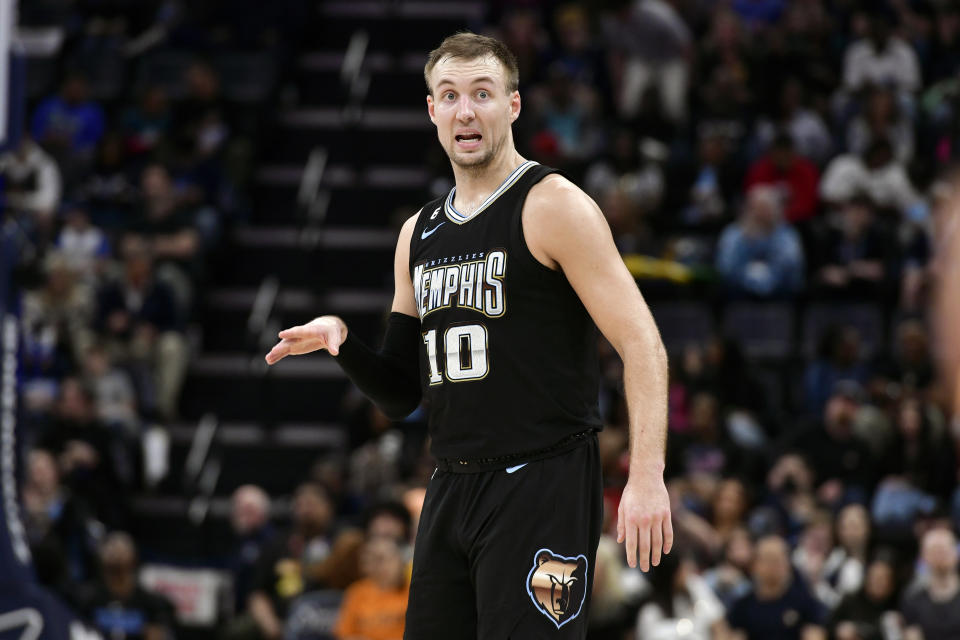 Memphis Grizzlies guard Luke Kennard reacts in the second half of an NBA basketball game against the Houston Rockets, Friday, March 24, 2023, in Memphis, Tenn. (AP Photo/Brandon Dill)