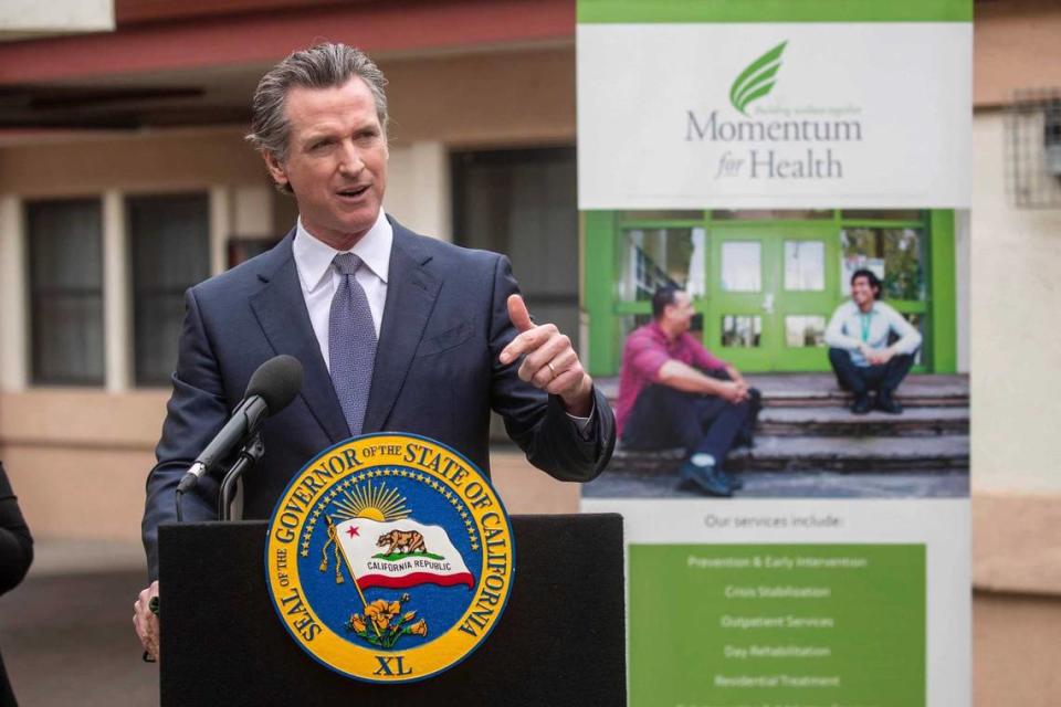 Gov. Gavin Newsom, speaking at a mental health treatment center in San Jose in March to announce his CARE Court proposal, a program that would target people suffering from psychosis who have lost their ability to care for themselves.