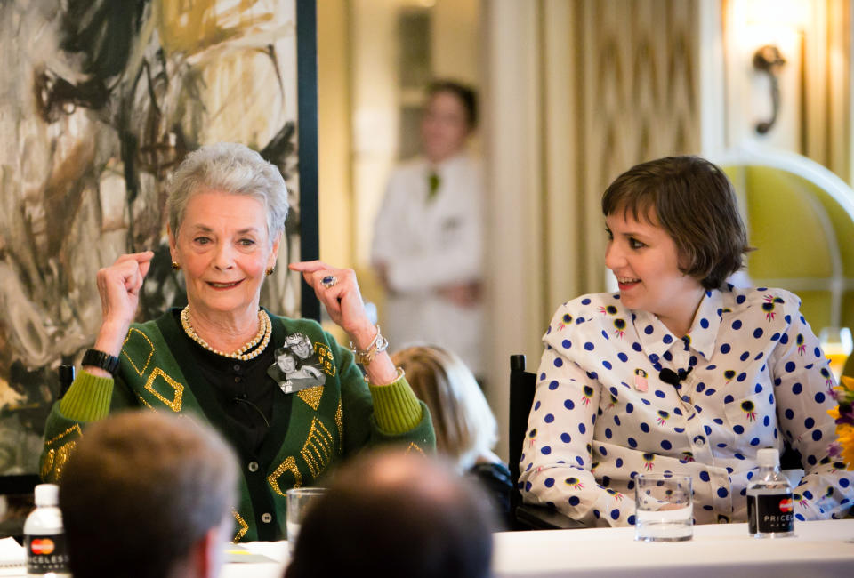 This Oct. 6, 2013 image released by The New Yorker Festival shows Betty Halbreich, renowned personal shopper at Bergdorf Goodman, left, speaking as actress Lena Dunham looks on during a panel at the New Yorker Festival in New York. Dunham is working on a new TV project for HBO based on Halbreich’s story. (AP Photo/The New Yorker Festival, Todd France)